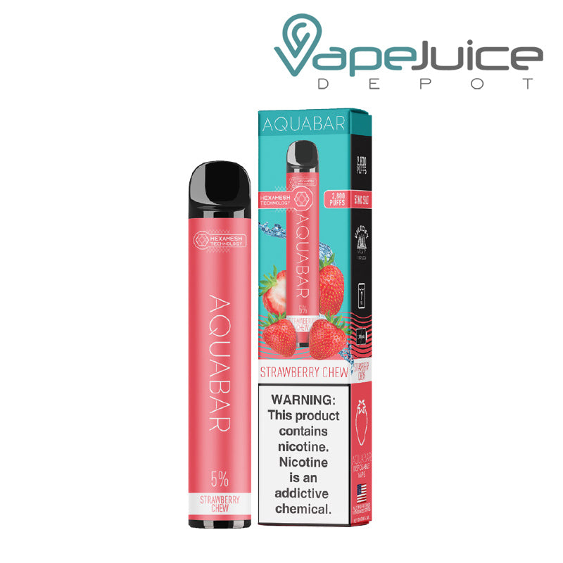 A Strawberry Chew AquaBar Disposable 2800 Puffs and a box with a warning sign next to it - Vape Juice Depot