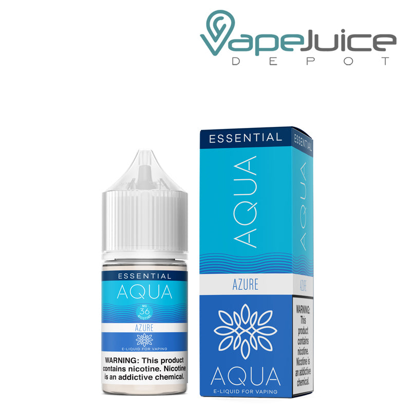 A 30ml bottle of AZURE AQUA Synthetic Salts 36mg with a warning sign and a box  next to it - Vape Juice Depot