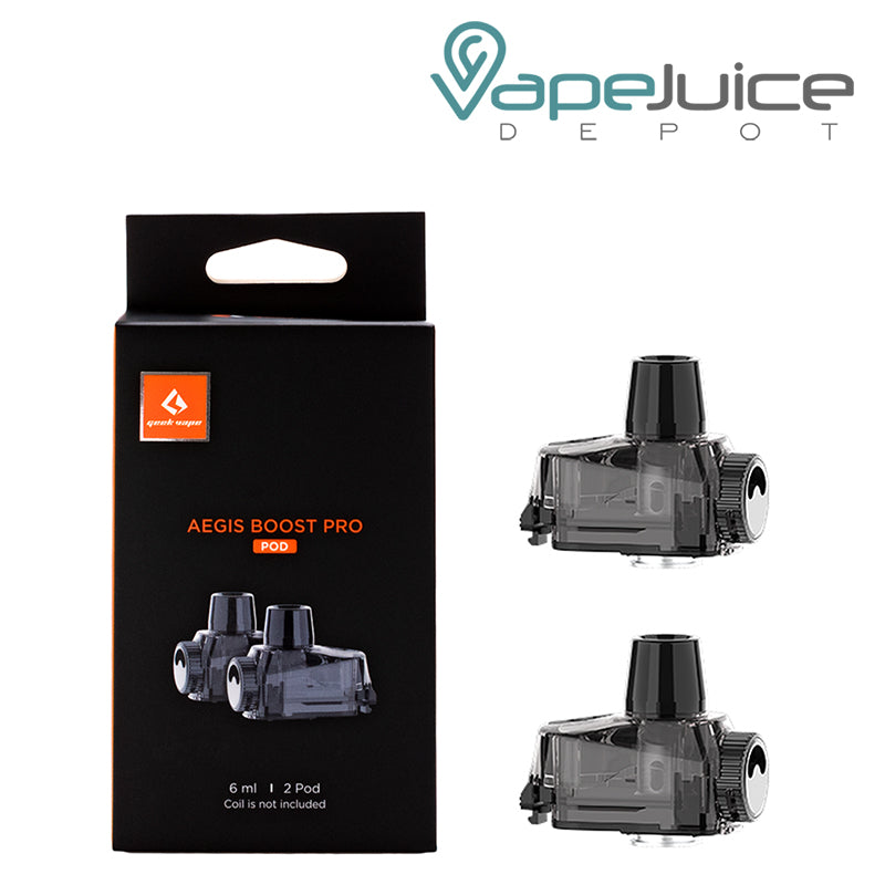 A box of GeekVape Aegis Boost Pro Replacement Pod and 2 pods next to it - Vape Juice Depot