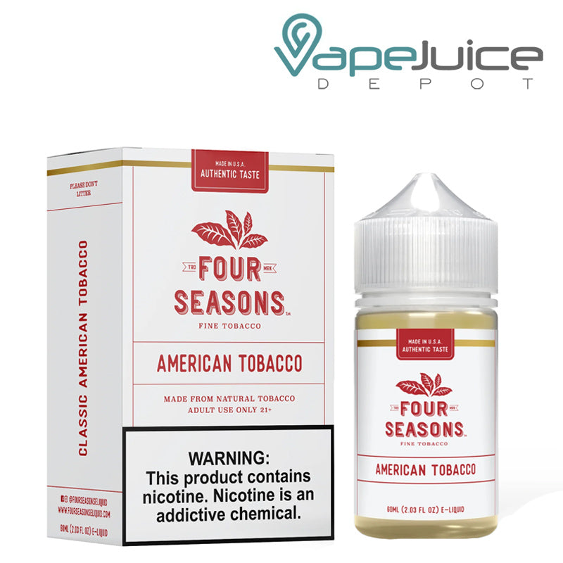 A box of American Tobacco Four Seasons eLiquid with a warning sign and a 60ml bottle next to it - Vape Juice Depot