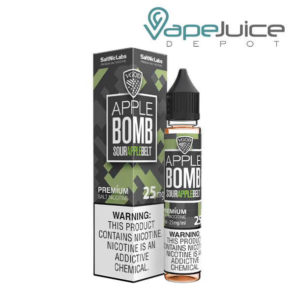 A box of Apple Bomb VGOD SaltNic with a warning sign and a 30ml bottle next to it - Vape Juice Depot
