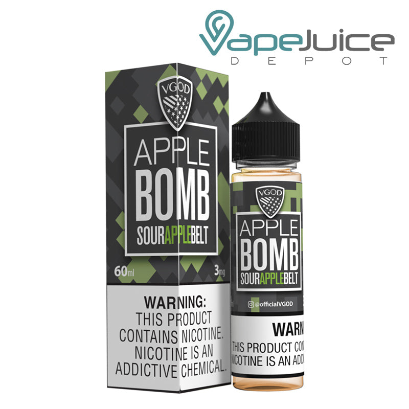 A box of Apple Bomb VGOD eLiquid with a warning sign and a 60ml bottle next to it - Vape Juice Depot