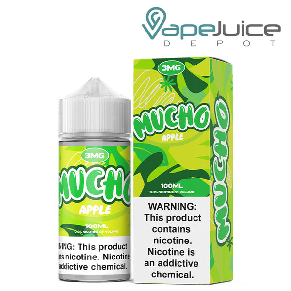 A 100ml bottle of Apple Mucho eLiquid with a warning sign and a box next to it - Vape Juice Depot