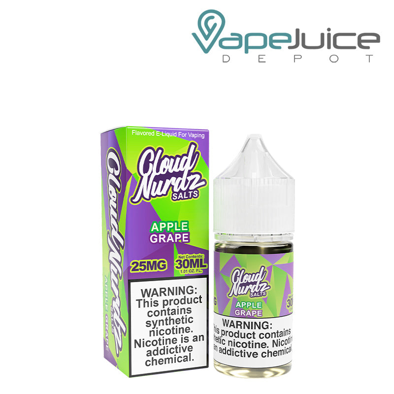 A box of Grape Apple TFN Salts Cloud Nurdz and a 30ml bottle with a warning sign next to it - Vape Juice Depot