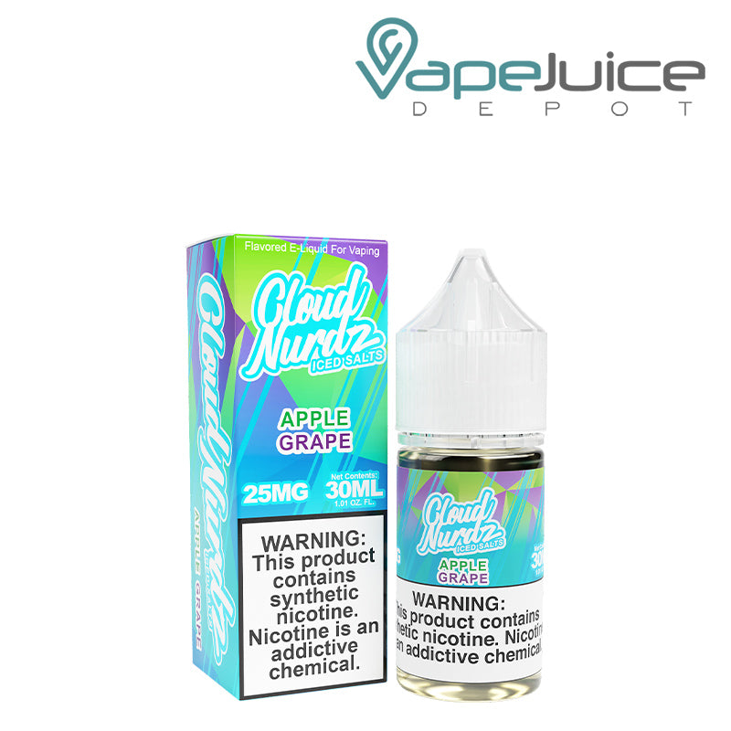 A box of Grape Apple Iced TFN Salts Cloud Nurdz and a 30ml bottle with a warning sign next to it - Vape Juice Depot