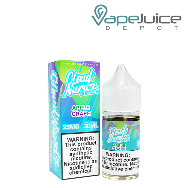 A box of Grape Apple Iced TFN Salts Cloud Nurdz and a 30ml bottle with a warning sign next to it - Vape Juice Depot