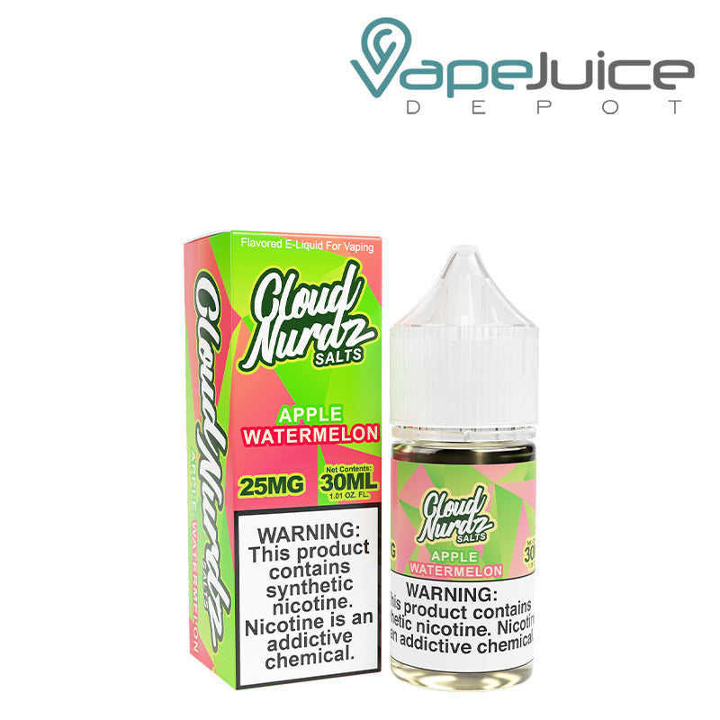 A box of Watermelon Apple Cloud Nurdz TFN Salts and a 30ml bottle with a warning sign next to it - Vape Juice Depot