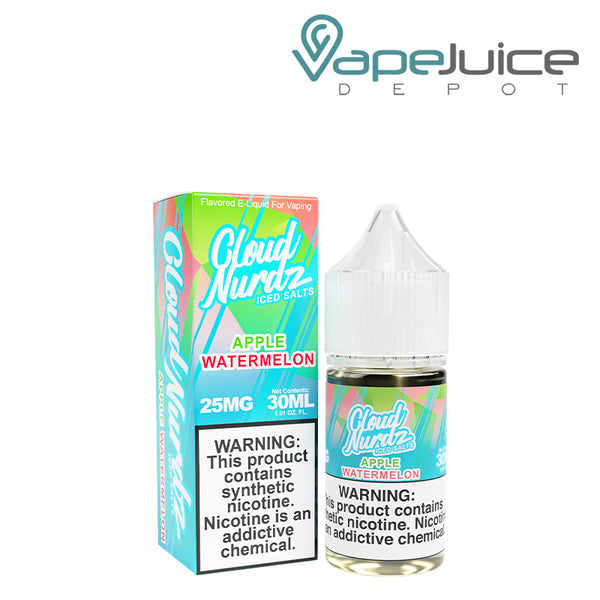 A box of Watermelon Apple ICED TFN Salts Cloud Nurdz with a warning sign and a 30ml bottle next to it - Vape Juice Depot