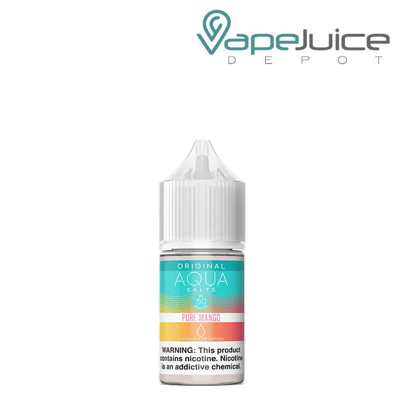A 30ml bottle of Pure Mango AQUA Synthetic Salts with a warning sign next to it - Vape Juice Depot