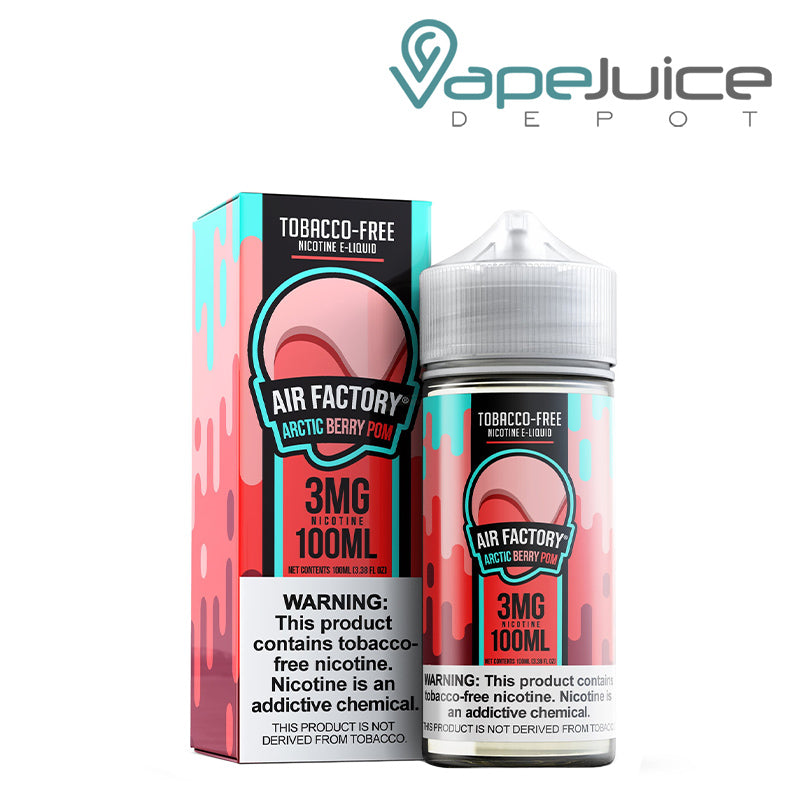 A box of Arctic Berry Pom Synthetic Air Factory eLiquid with a warning sign and a 100ml bottle next to it - Vape Juice Depot