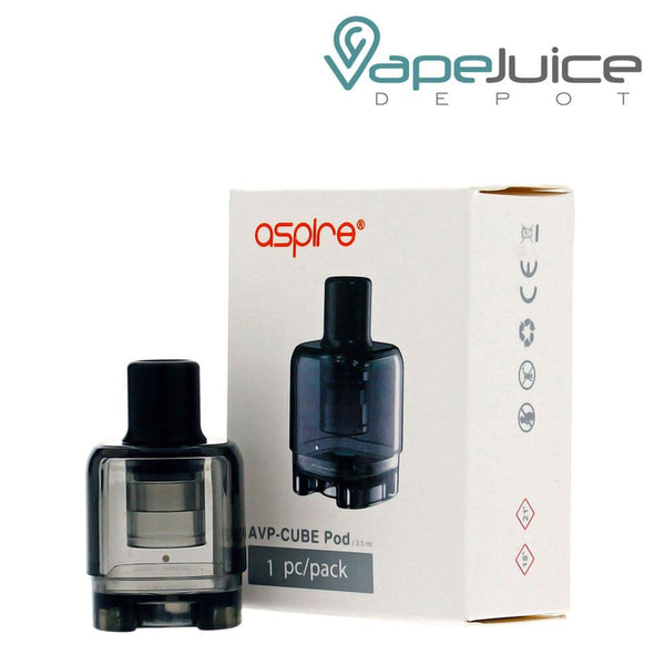 A box of Aspire AVP CUBE Replacement Pods and an actual pod on the left - Vape Juice Depot