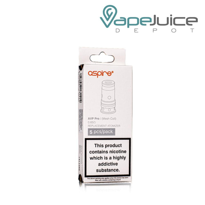 A box of 0.65ohm Aspire AVP Pro Coils and a warning sign on it - Vape Juice Depot