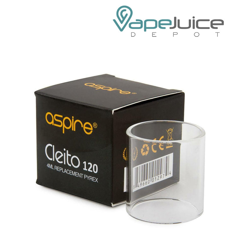 A box of Aspire Cleito 120 Replacement Pyrex Glass Tube and a 4ml glass next to it - Vape Juice Depot