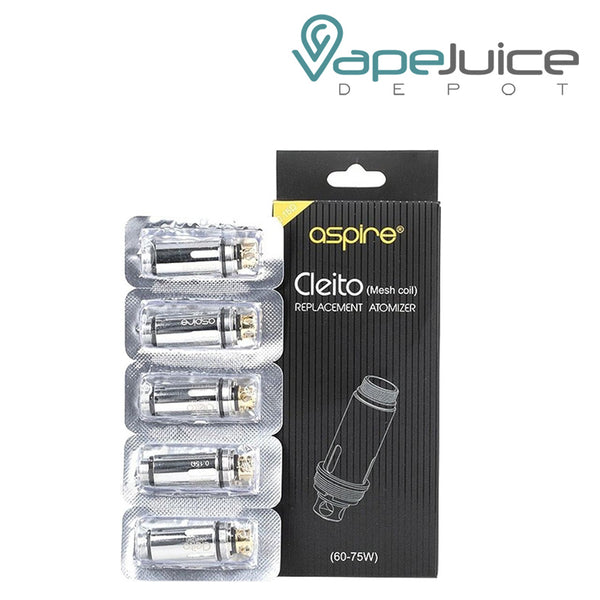 A box of Aspire Cleito 5pk Replacement Coils and five pack coils next to it - Vape Juice Depot