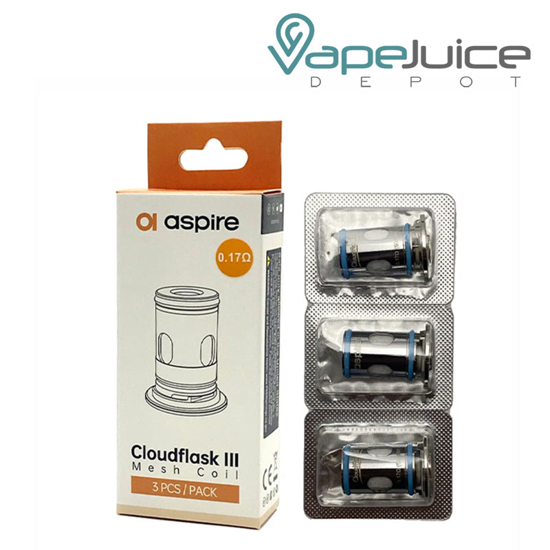 A box of Aspire Cloudflask III Replacement Coils and a 3-pack next to it - Vape Juice Depot