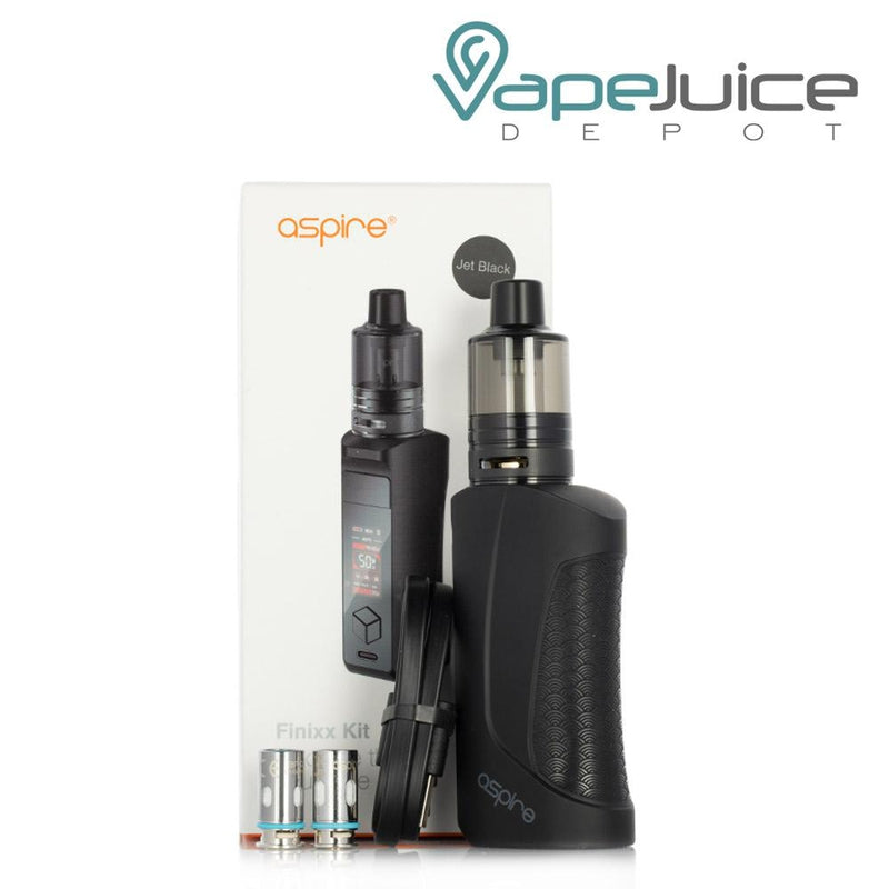 A box of Aspire FINIXX Starter Kit, two coils,. USB cable and Jet Black Aspire FINIXX Starter Kit - Vape Juice Depot