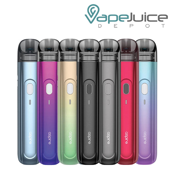 Seven colors of Aspire Flexus Q Pod Kit with a firing button - Vape Juice Depot