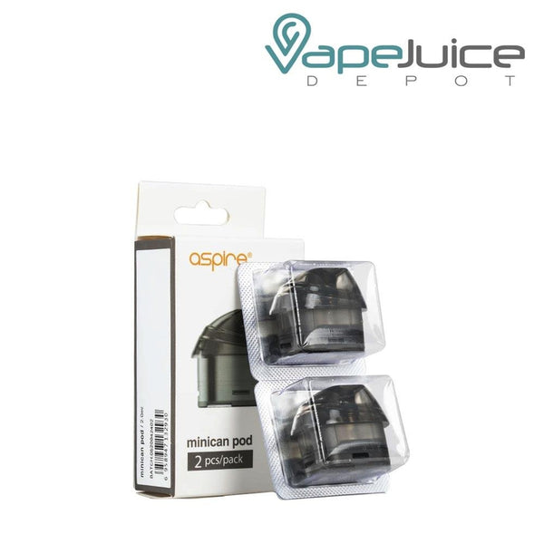 A box of Aspire Minican Replacement Pods and two pods in front of it - Vape Juice Depot