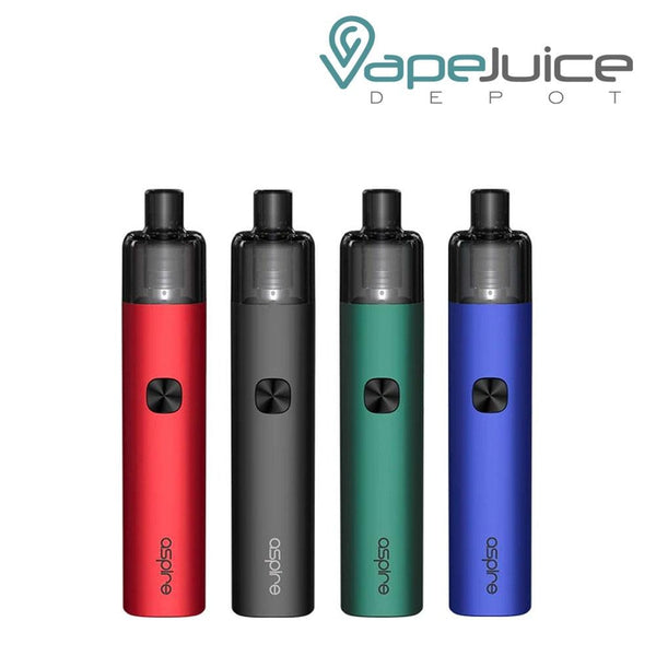 Four Aspire AVP-CUBE Pod Kits in different colors with one firing button and Aspire logo beneath - Vape Juice Depot