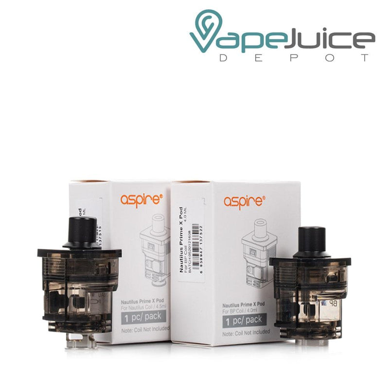 Two Aspire Nautilus Prime X Replacement BP Pods next to their boxes - Vape Juice Depot