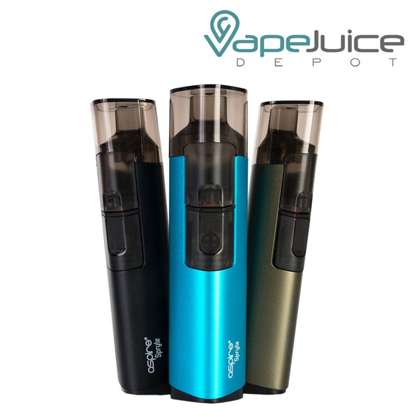 Three colors of Aspire Spryte AIO Pod System Kit with a firing button - Vape Juice Depot