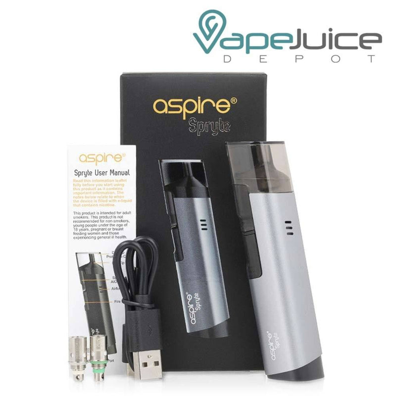 A box of Aspire Spryte AIO Pod System Kit, a device and other parts - Vape Juice Depot