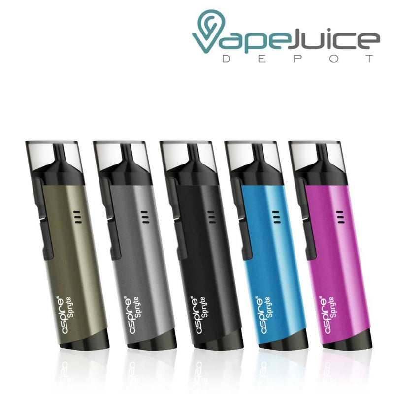 Five different colors of Aspire Spryte AIO Pod System Kit - Vape Juice Depot