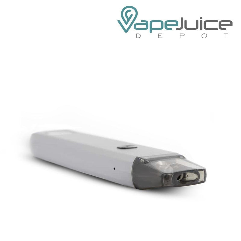 The bottom of White Aspire Favostix Pod Kit and a firing button on it - Vape Juice Depot