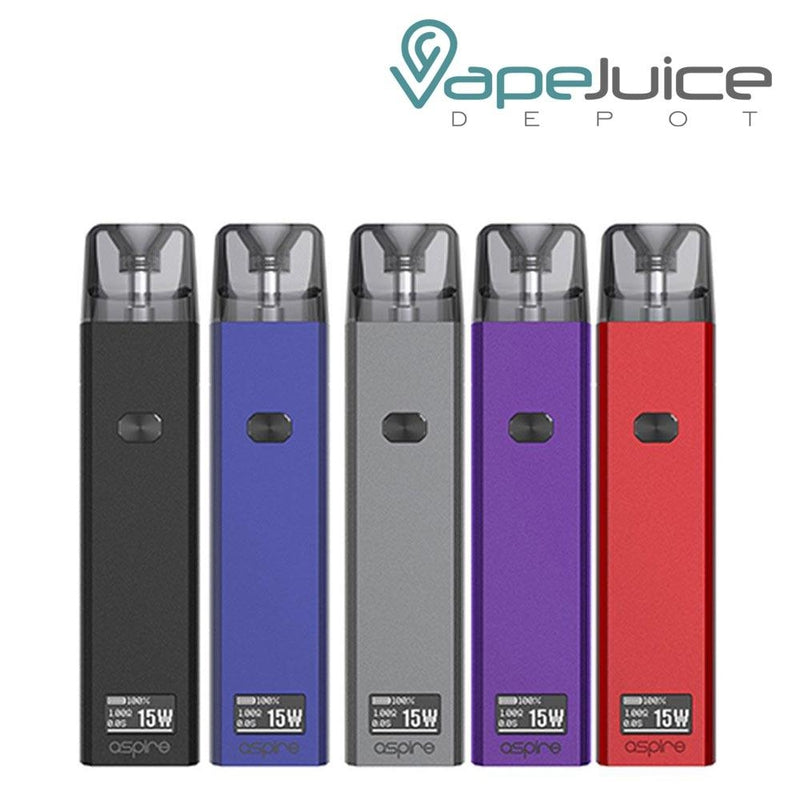 Five different colors of Aspire Favostix Pod Kit and a firing button on each - Vape Juice Depot