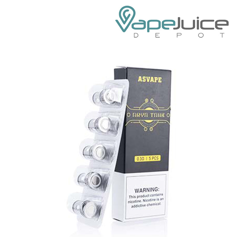 5-pack Asvape ARYA Replacement Coils and a box with a warning sign next to it - Vape Juice Depot
