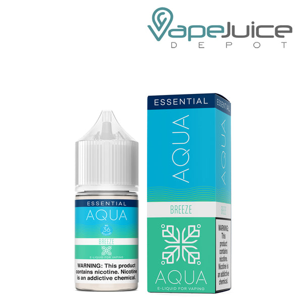 A 30ml bottle of BREEZE AQUA Synthetic Salts 36mg with a warning sign and a box next to it - Vape Juice Depot