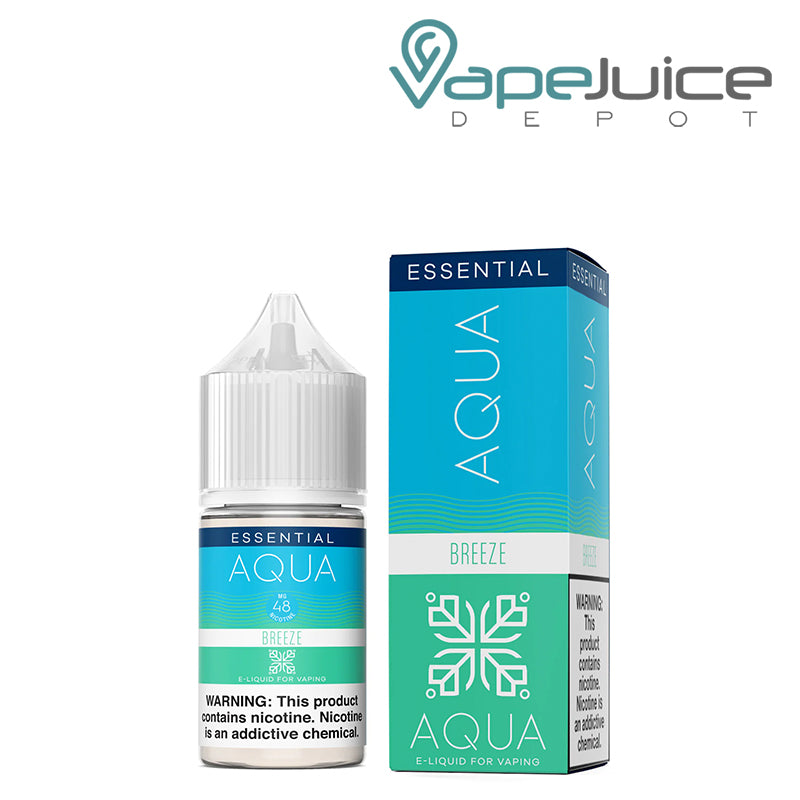 A 30ml bottle of BREEZE AQUA Synthetic Salts 48mg with a warning sign and a box next to it - Vape Juice Depot