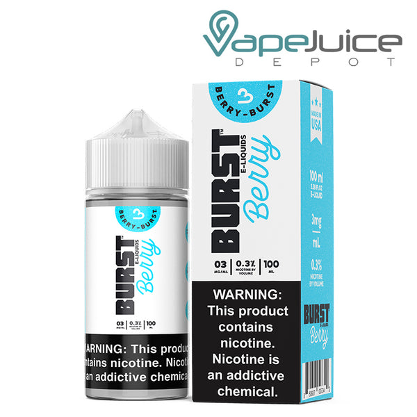 A 100ml bottle of Berry-Burst eLiquid with a warning sign and a box next to it - Vape Juice Depot