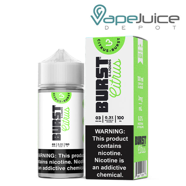 A 100ml bottle of Citrus Burst eLiquid with a warning sign and a box next to it - Vape Juice Depot 