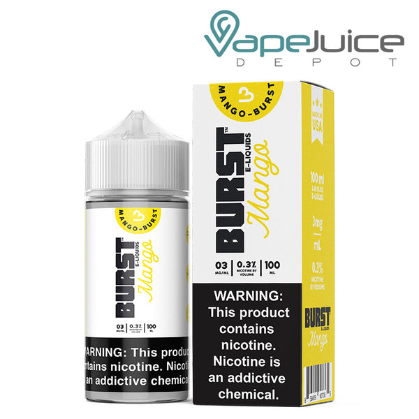 A 100ml bottle of Mango-Burst eLiquid with a warning sign and a box next to it - Vape Juice Depot