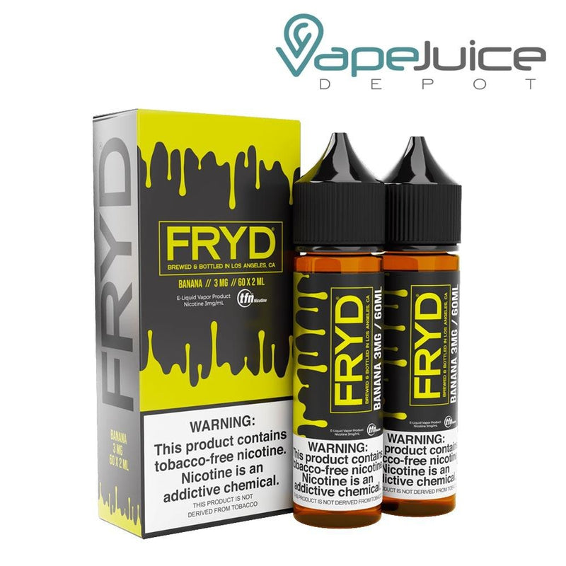 A box of Banana FRYD TFN eLiquid with a warning sign and two 60ml bottles next to it - Vape Juice Depot