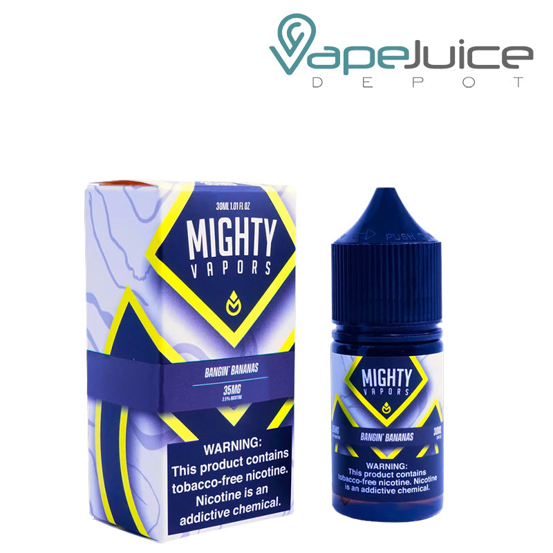 A box of Bangin Bananas TFN Salt Mighty Vapors with a warning sign and a 30ml bottle next to it - Vape Juice Depot