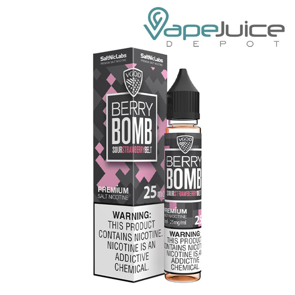 A box of Berry Bomb VGOD SaltNic with a warning sign and a 30ml bottle next to it - Vape Juice Depot