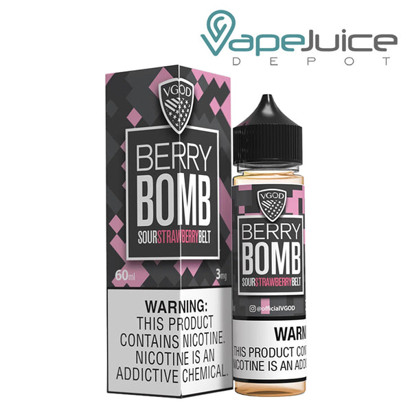 A box of Berry Bomb VGOD eLiquid with a warning sign and a 60ml bottle next to it - Vape Juice Depot