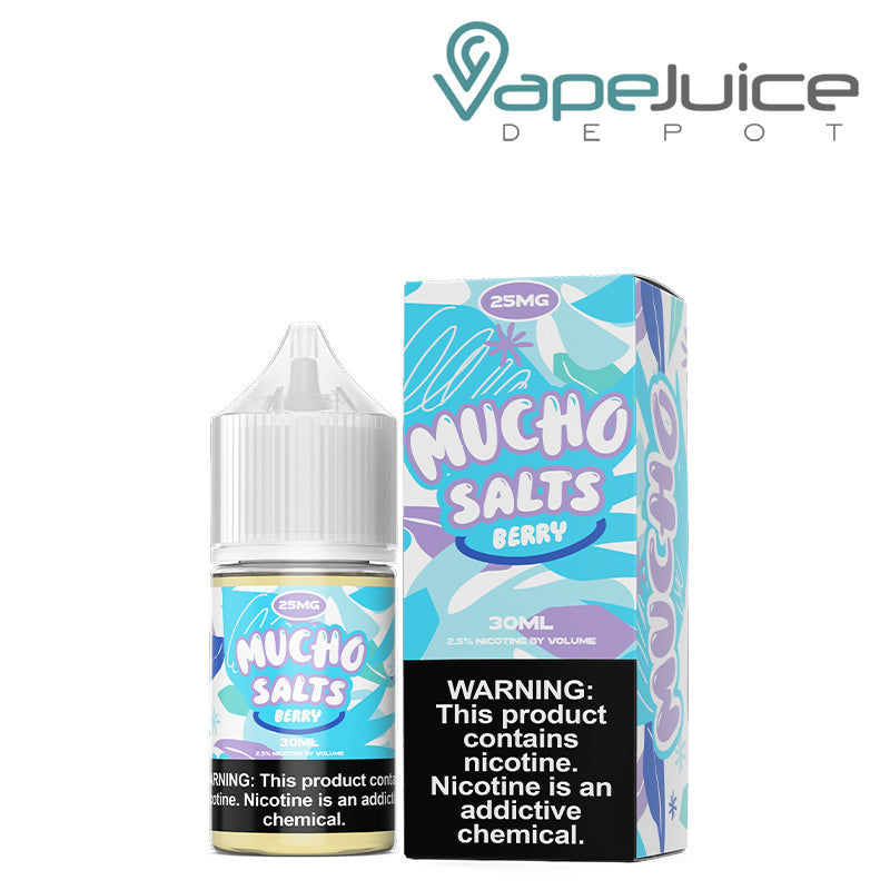 A 30ml bottle of Berry Mucho Salt eLiquid with a warning sign and a box next to it - Vape Juice Depot