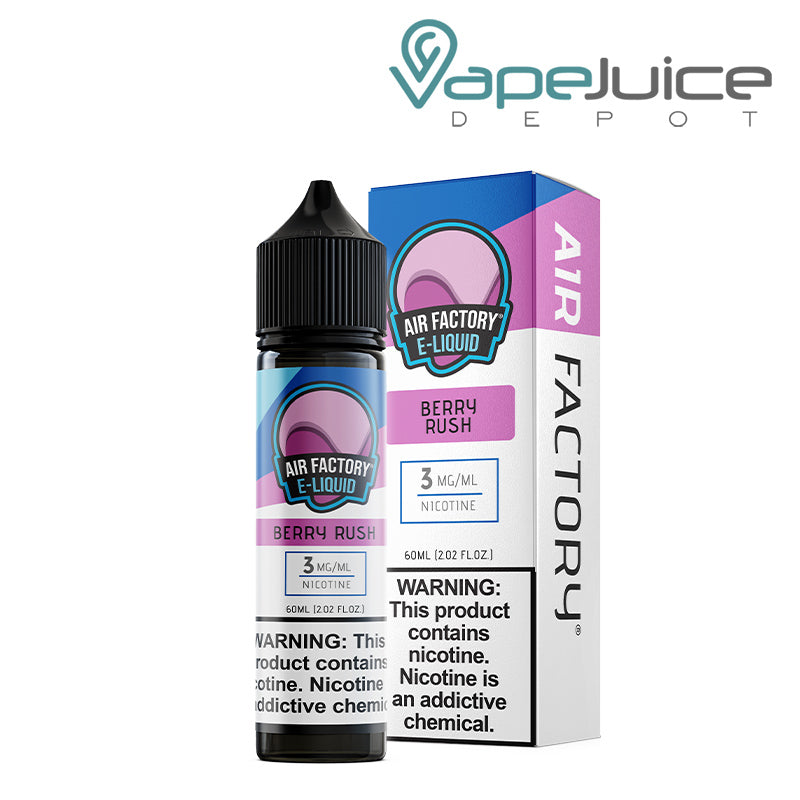 A 60ml bottle of Berry Rush Air Factory eLiquid 3mg with a warning sign and a box next to it - Vape Juice Depot