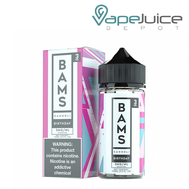 A box of Birthday Cannoli Bam Bams eLiquid with a warning sign and a 100ml bottle next to it - Vape Juice Depot