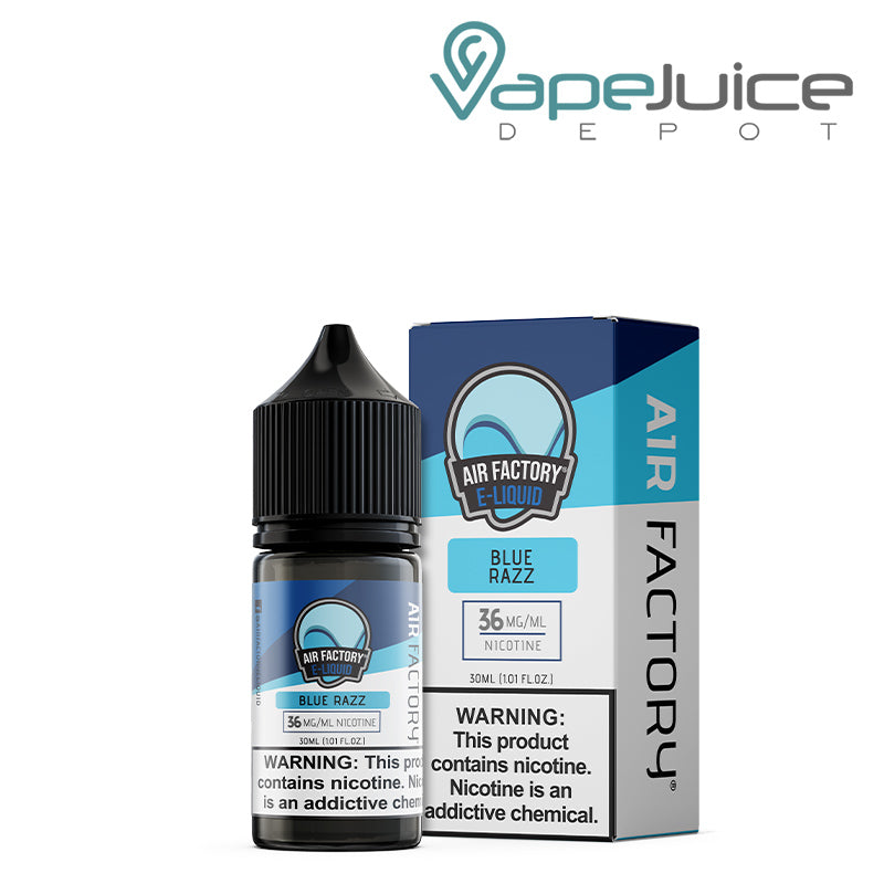 A 30ml bottle of Blue Razz Air Factory Salts 36mg with a warning sign and a box next to it - Vape Juice Depot