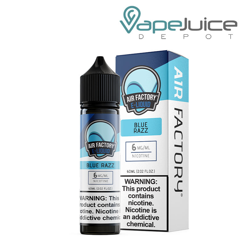 A 60ml bottle of Blue Razz Air Factory eLiquid 6mg with a warning sign and a box next to it - Vape Juice Depot