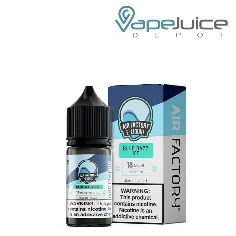 A 30ml bottle of Blue Razz Ice Air Factory Salts 18mg with a warning sign and a box next to it - Vape Juice Depot