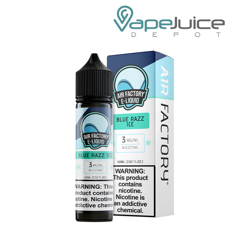 A 60ml bottle of Blue Razz Ice Air Factory eLiquid 3mg with a warning sign and a box next to it - Vape Juice Depot