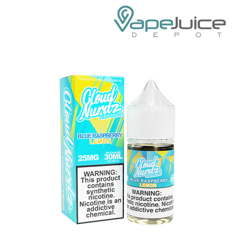 A box of Blue Razz Lemon ICED TFN Salts Cloud Nurdz and a 30ml bottle with a warning sign next to it - Vape Juice Depot