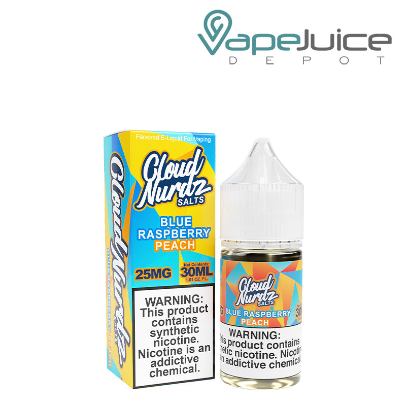 A box of Peach Blue Raspberry TFN Salts Cloud Nurdz with a warning sign and a 30ml bottle next to it - Vape Juice Depot