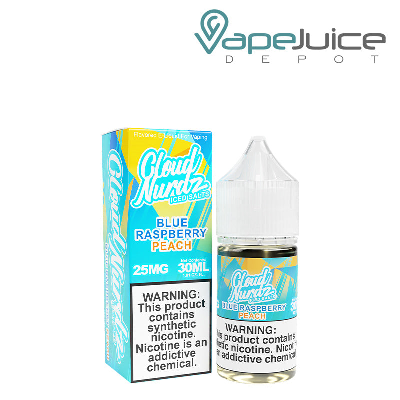 A Box of Peach Blue Raspberry ICED TFN Salts Cloud Nurdz with a warning sign and a 30ml bottle next to it - Vape Juice Depot