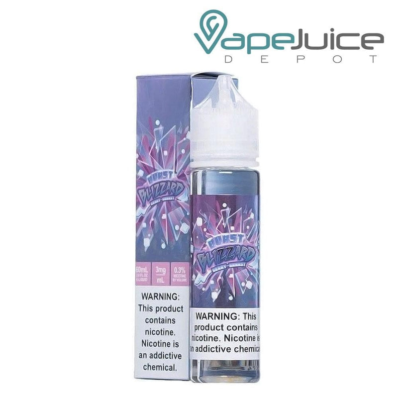 A box of Berry Ice Burst eLiquid with a warning sign and a 60ml bottle next to it - Vape Juice Depot